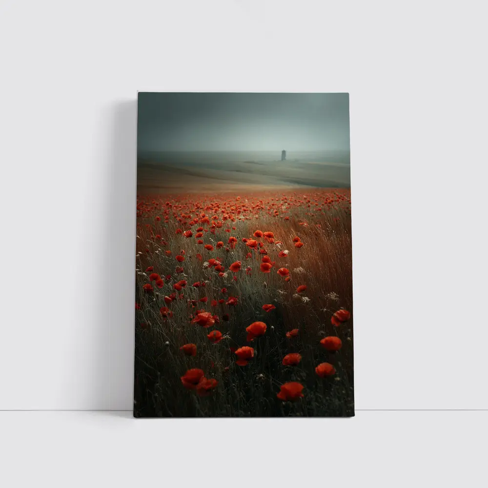 Red Poppies Field Misty Countryside Landscape – Wall Art