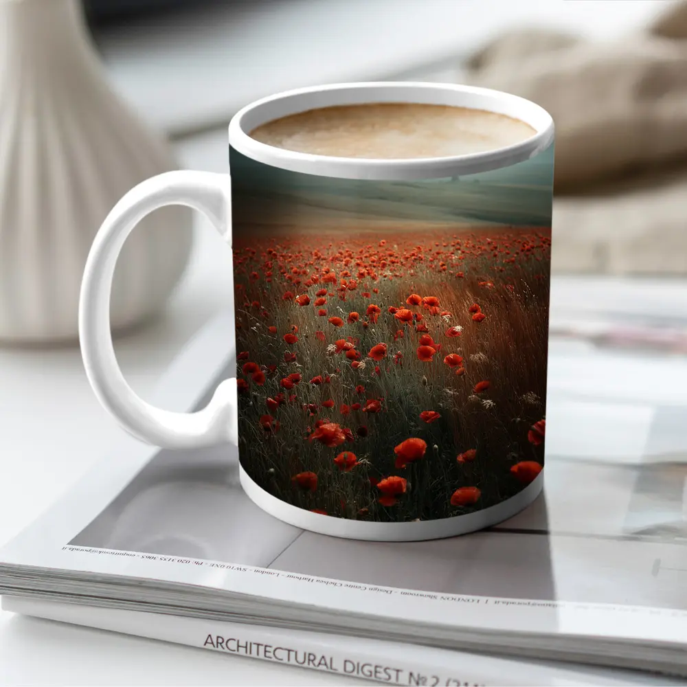 Red Poppies Field Misty Countryside Landscape – Mugs