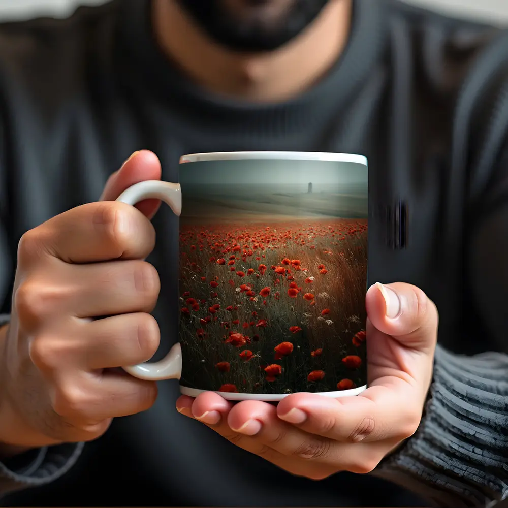 Red Poppies Field Misty Countryside Landscape – Mugs