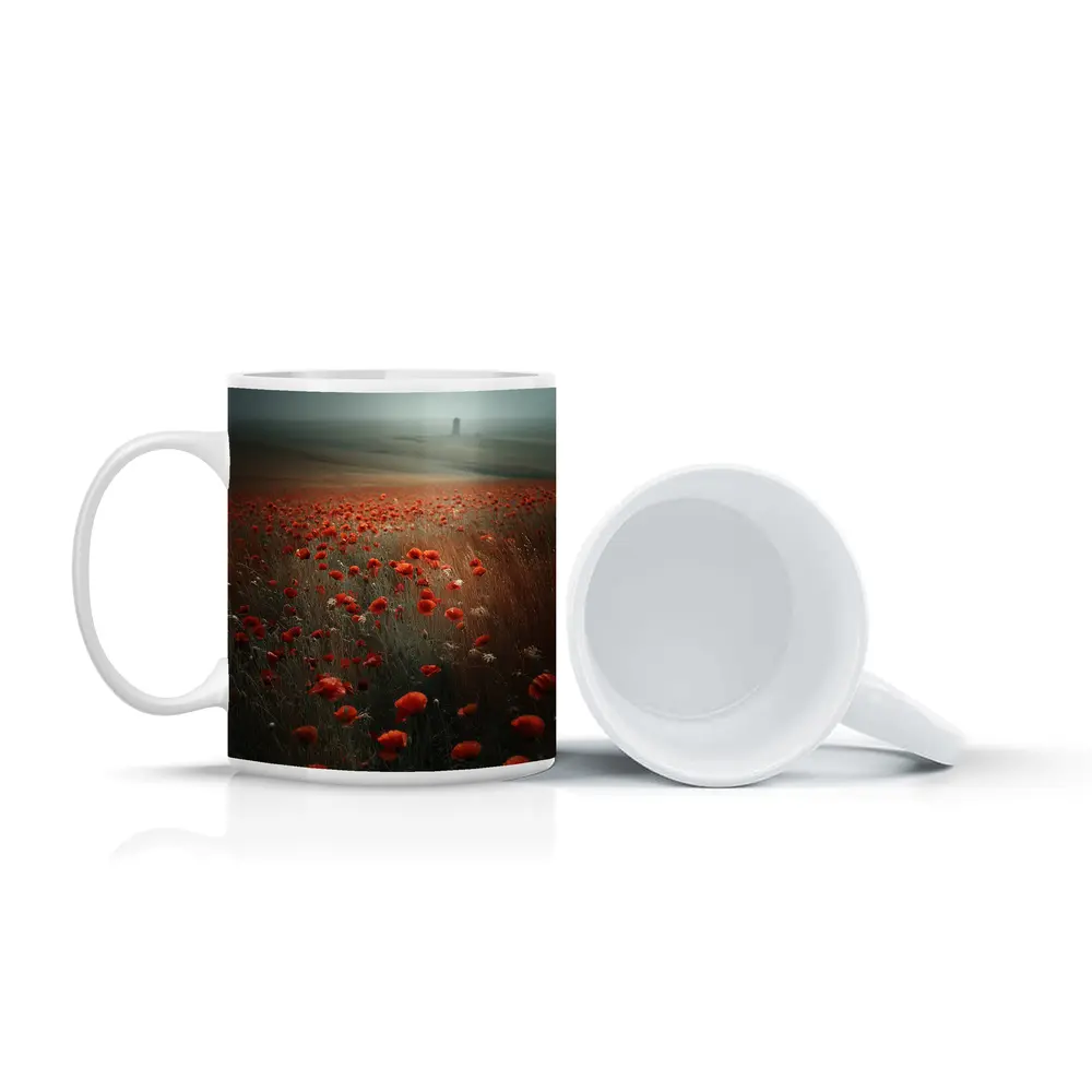Red Poppies Field Misty Countryside Landscape – Mugs
