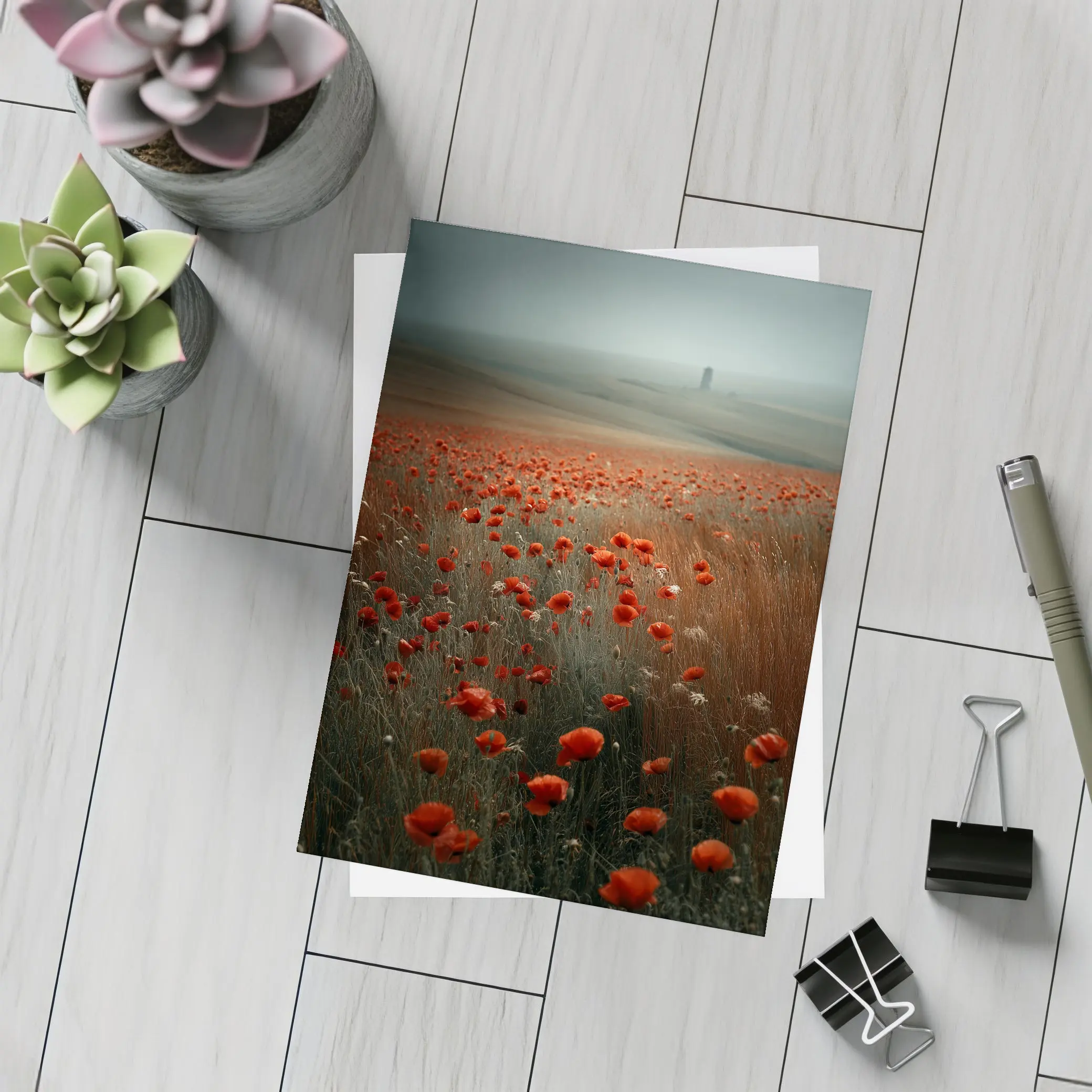 Red Poppies Field Misty Countryside Landscape – Postcards