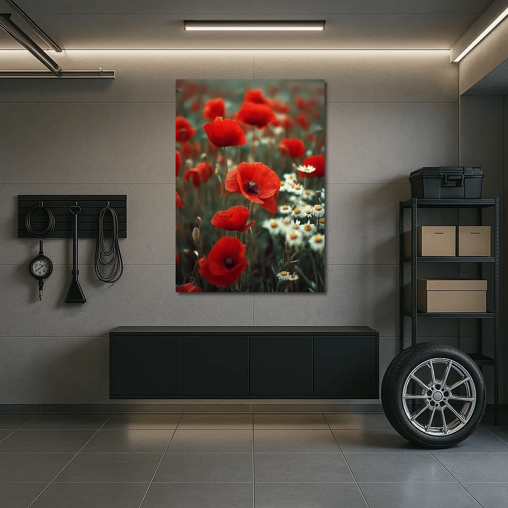 Red Poppies And Daisies Field Overcast Sky – Wall Art
