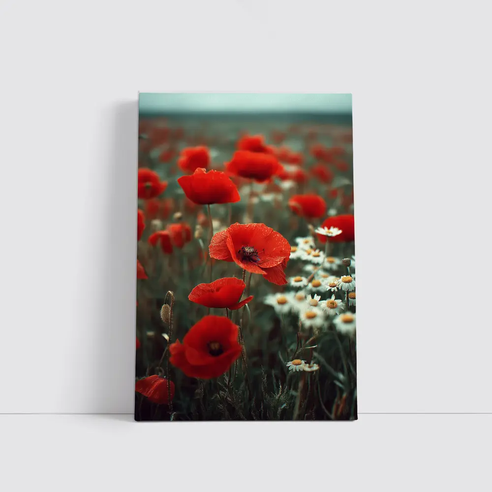 Red Poppies And Daisies Field Overcast Sky – Wall Art