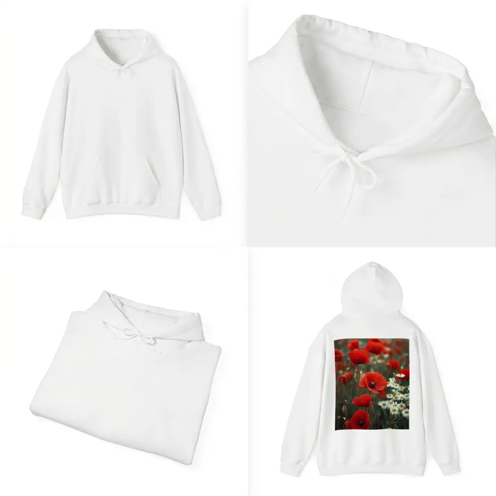Red Poppies And Daisies Field Overcast Sky – Hoodies