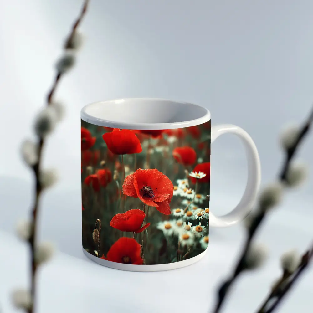 Red Poppies And Daisies Field Overcast Sky – Mugs