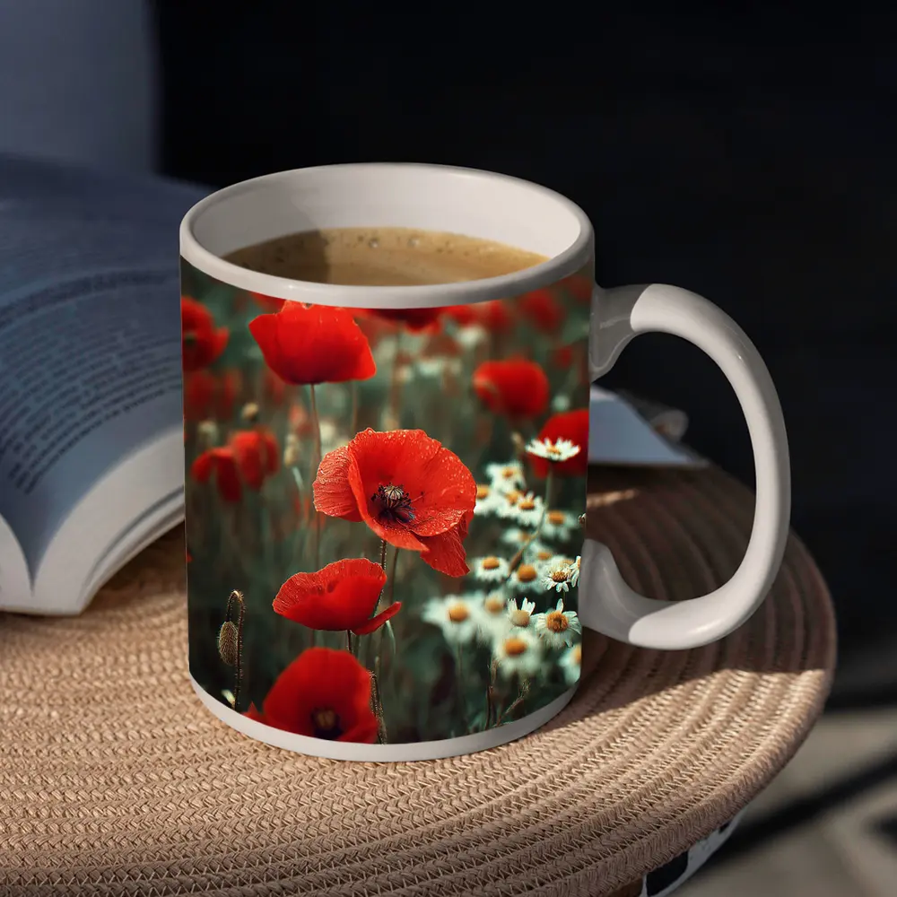 Red Poppies And Daisies Field Overcast Sky – Mugs