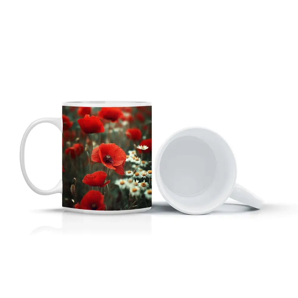 Red Poppies And Daisies Field Overcast Sky – Mugs