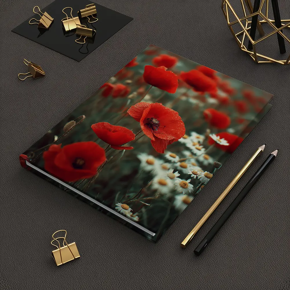 Red Poppies And Daisies Field Overcast Sky – Notebooks