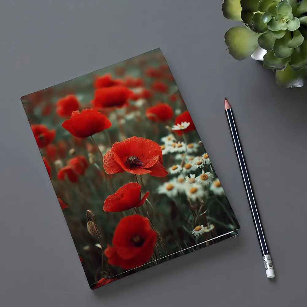 Red Poppies And Daisies Field Overcast Sky – Notebooks