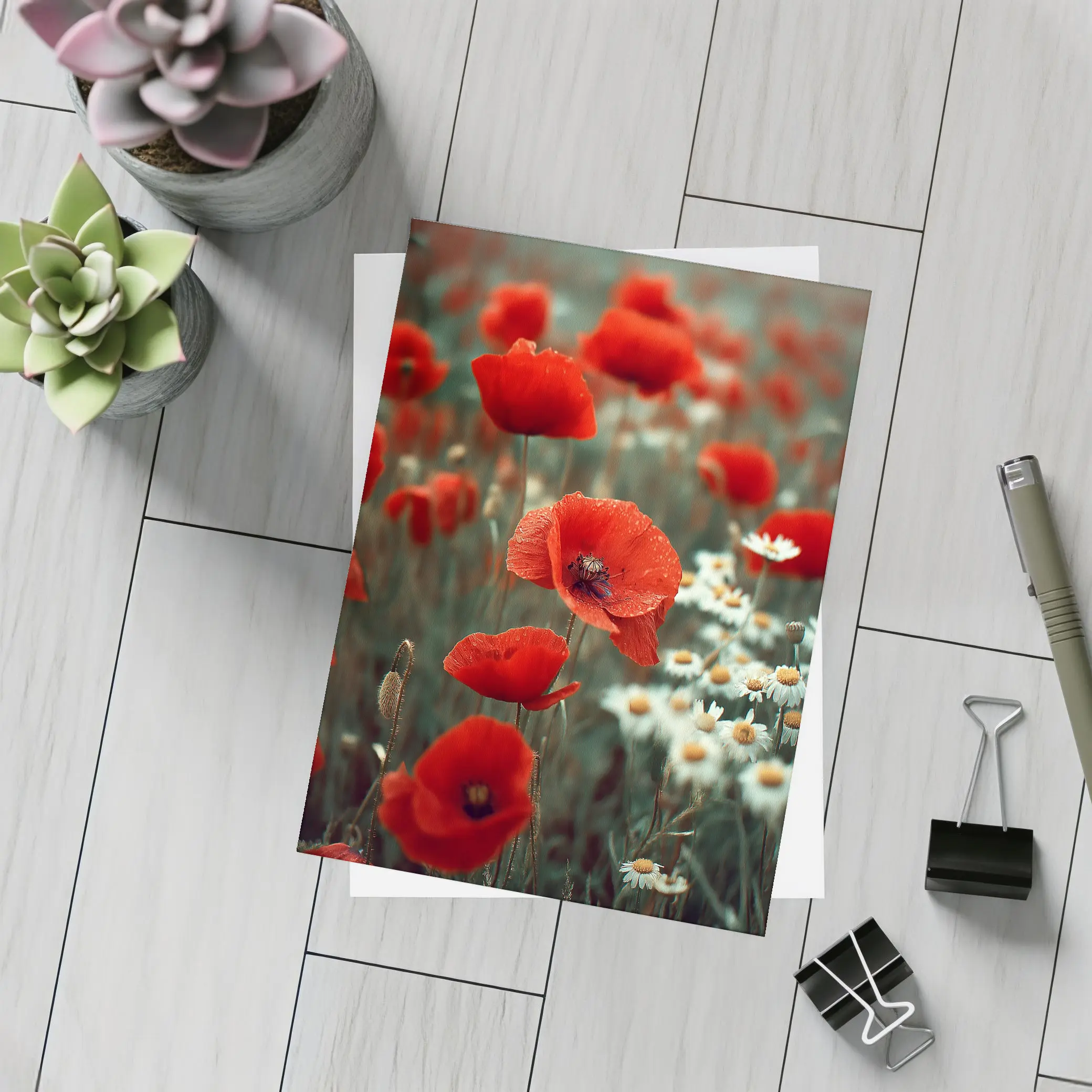 Red Poppies And Daisies Field Overcast Sky – Postcards