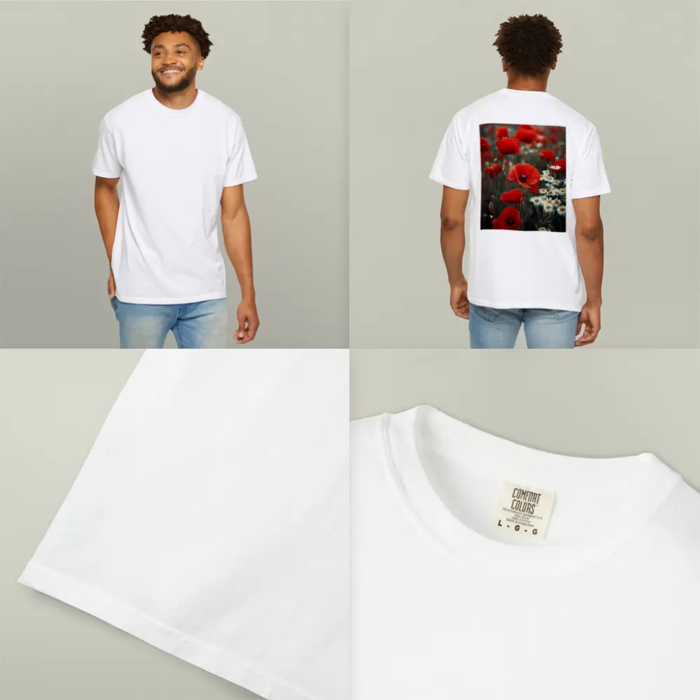 Red Poppies And Daisies Field Overcast Sky – T-Shirts