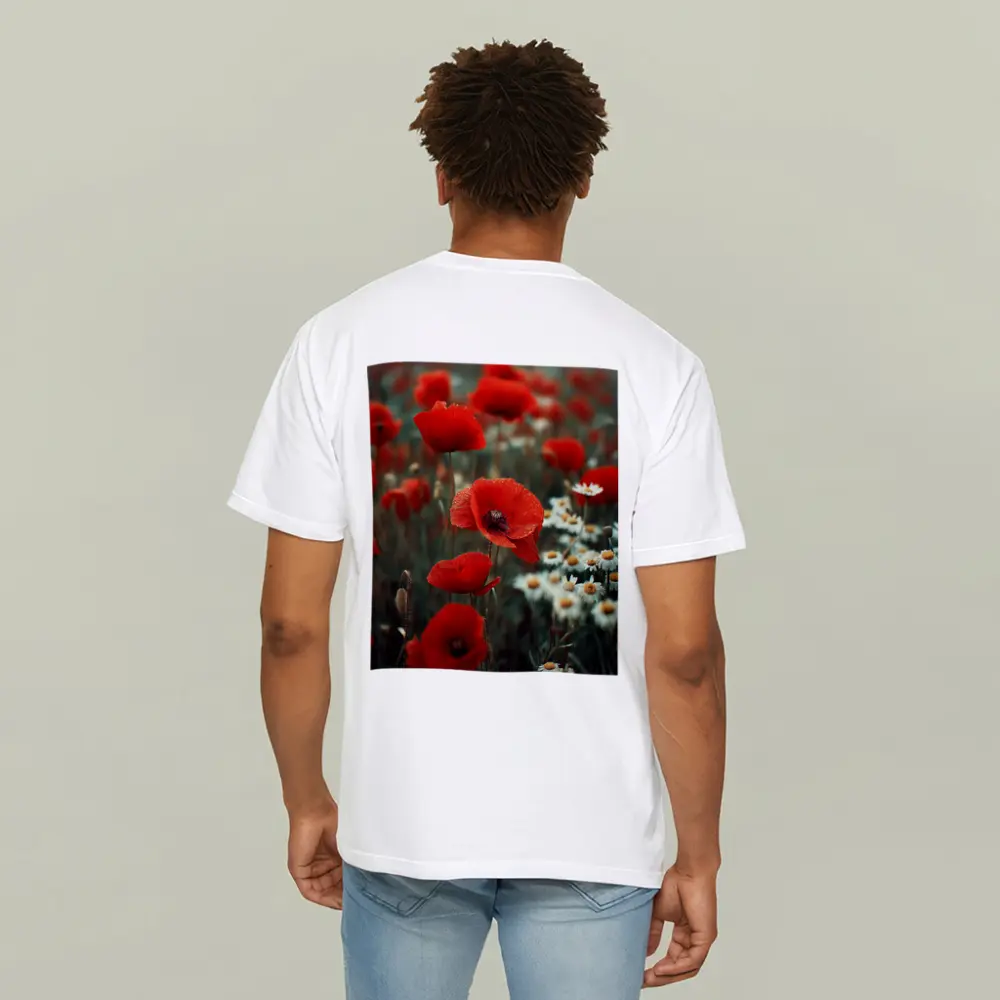 Red Poppies And Daisies Field Overcast Sky – T-Shirts