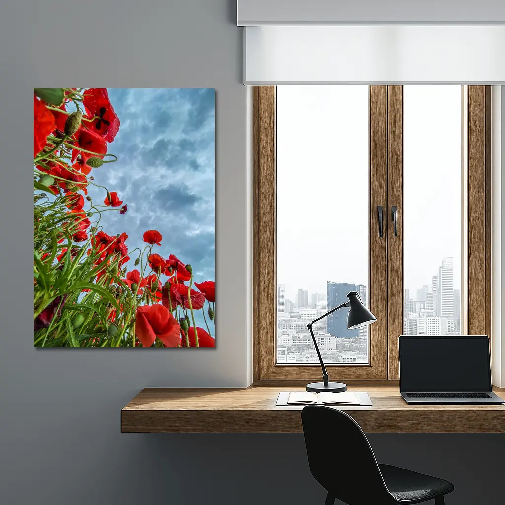 Red Poppies Field Against Cloudy Sky – Wall Art