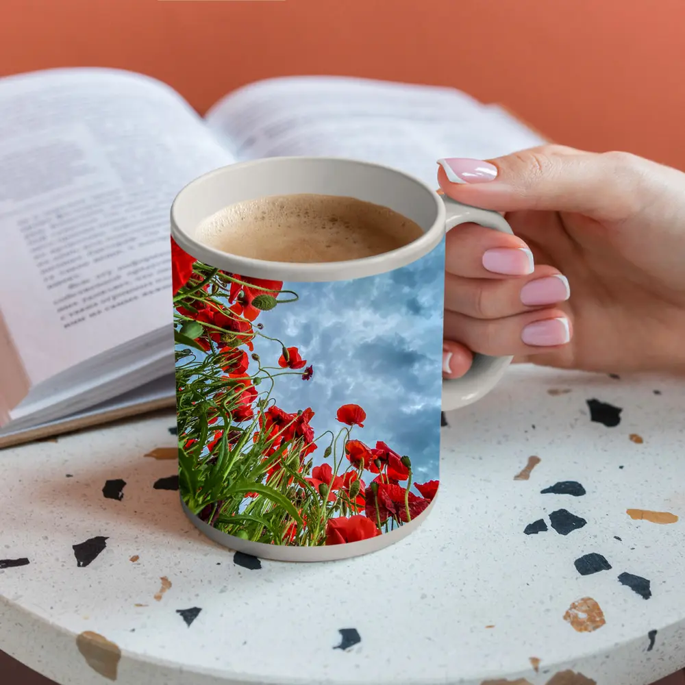 Red Poppies Field Against Cloudy Sky – Mugs