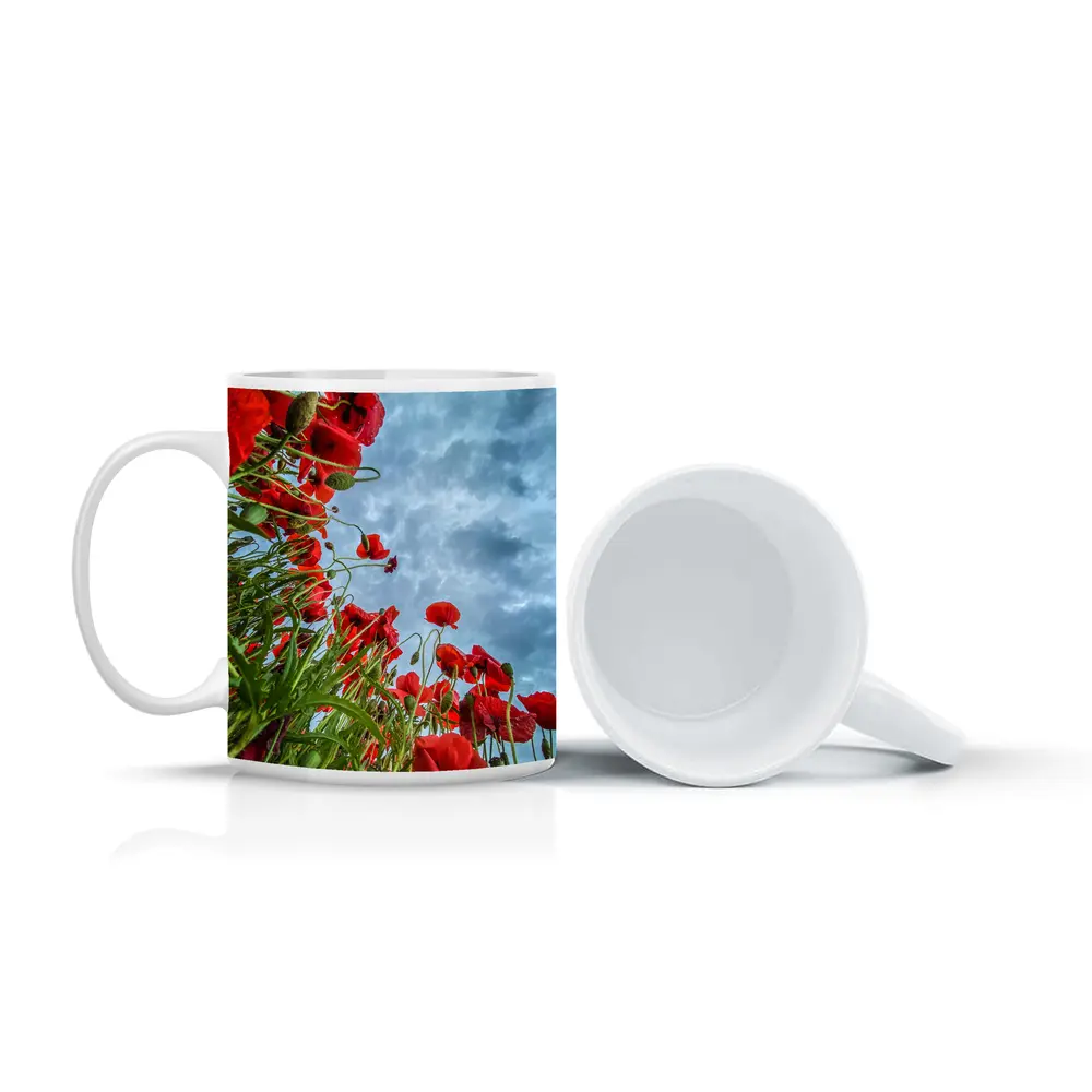 Red Poppies Field Against Cloudy Sky – Mugs