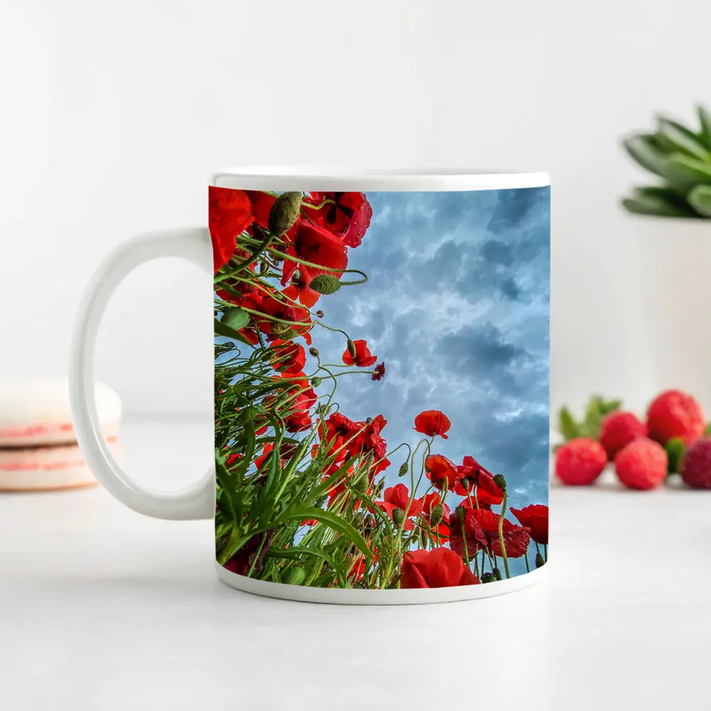 Red Poppies Field Against Cloudy Sky – Mugs