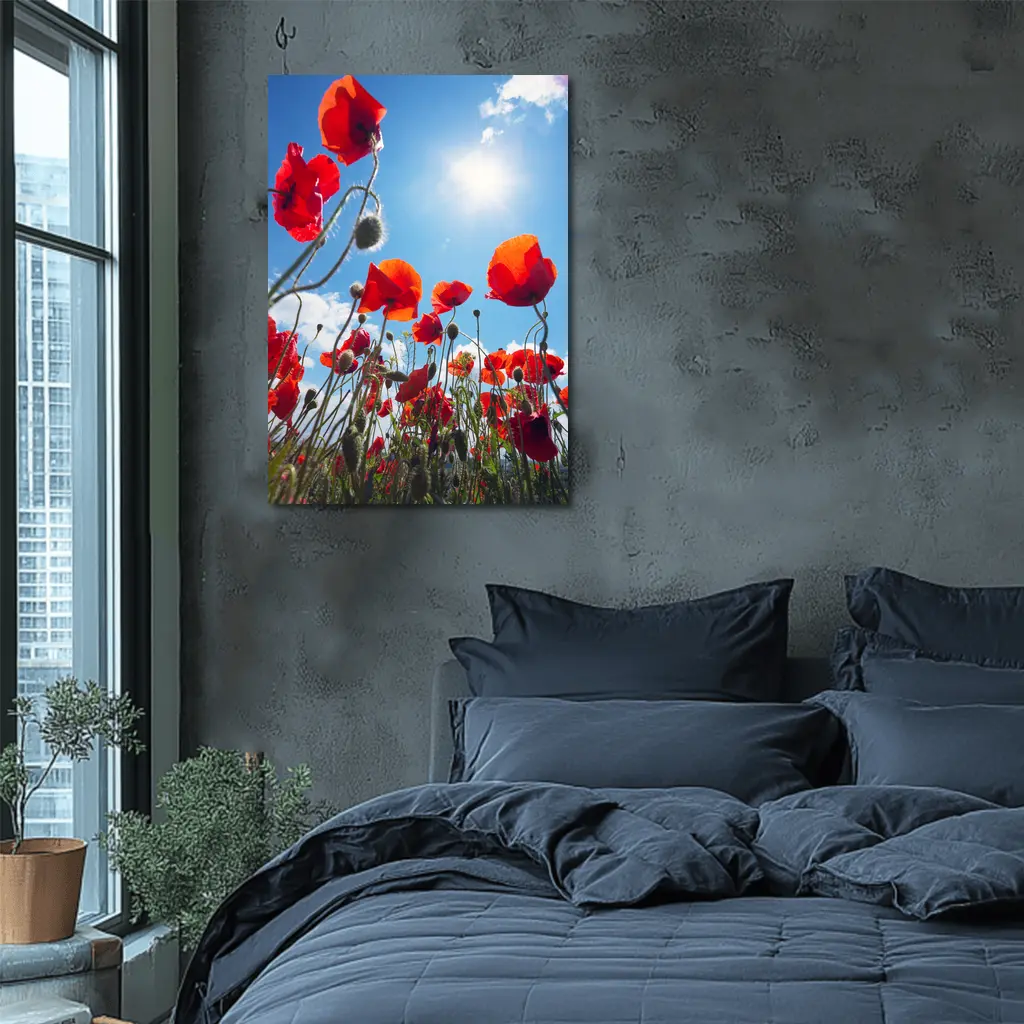 Red Poppies Field Against Sunny Blue Sky – Wall Art