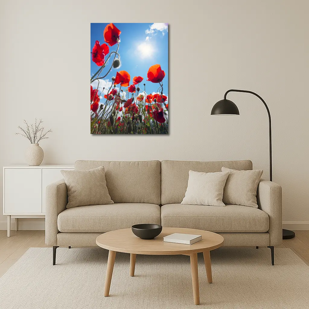 Red Poppies Field Against Sunny Blue Sky – Wall Art