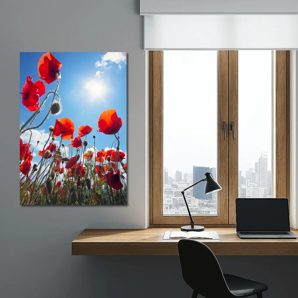Red Poppies Field Against Sunny Blue Sky – Wall Art