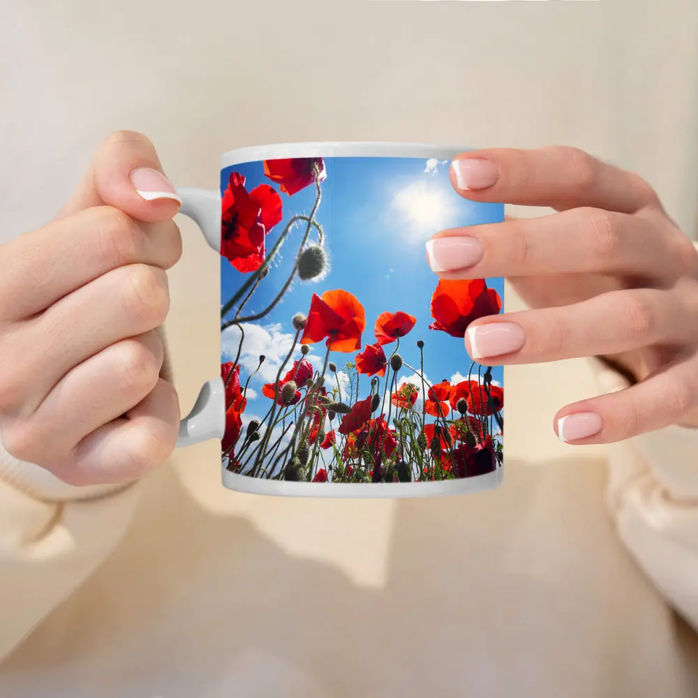 Red Poppies Field Against Sunny Blue Sky – Mugs