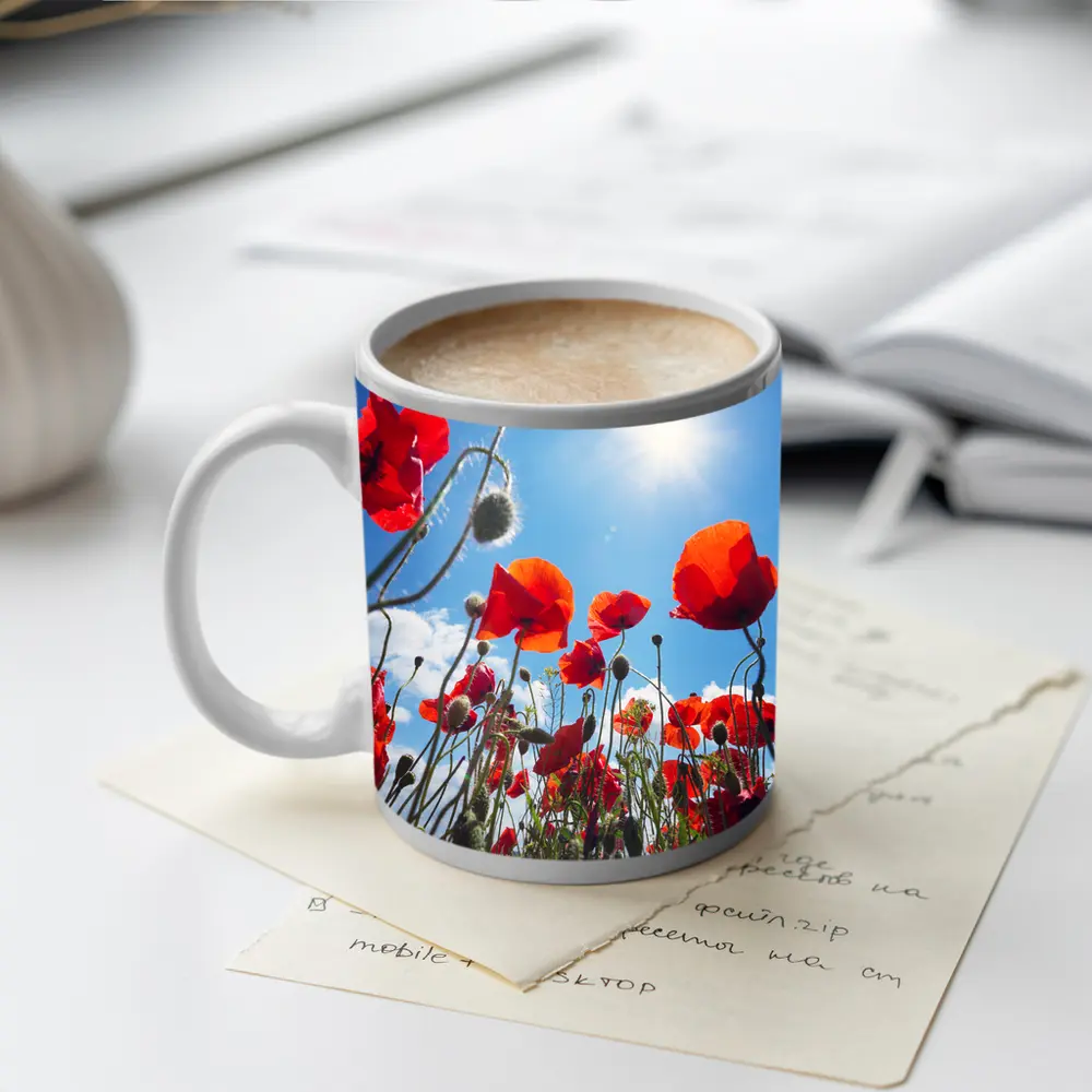 Red Poppies Field Against Sunny Blue Sky – Mugs