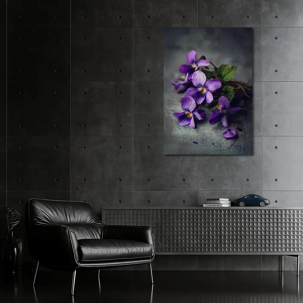 Purple Violet Flowers On Gray Background – Wall Art