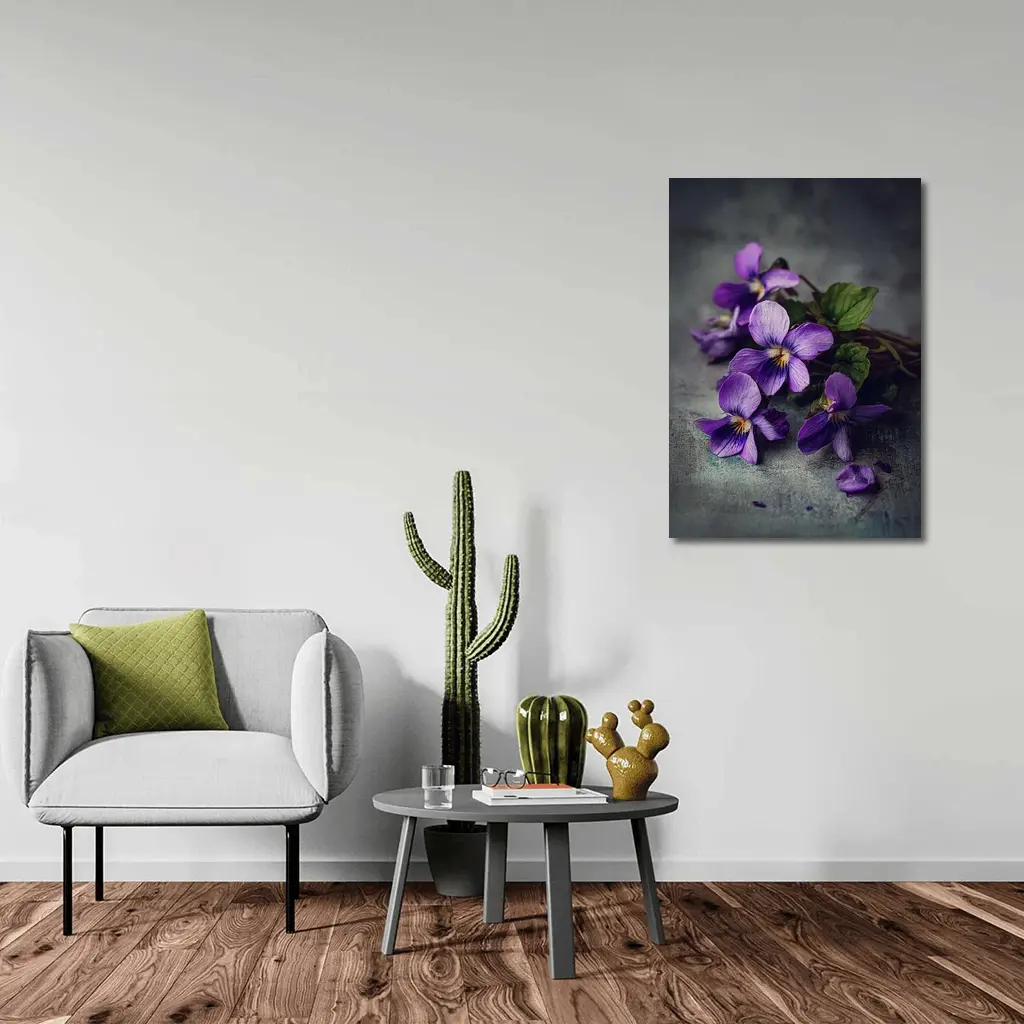 Purple Violet Flowers On Gray Background – Wall Art