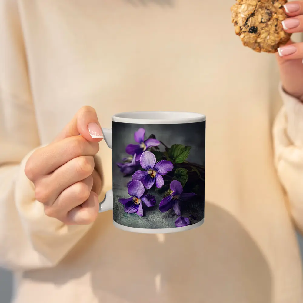 Purple Violet Flowers On Gray Background – Mugs