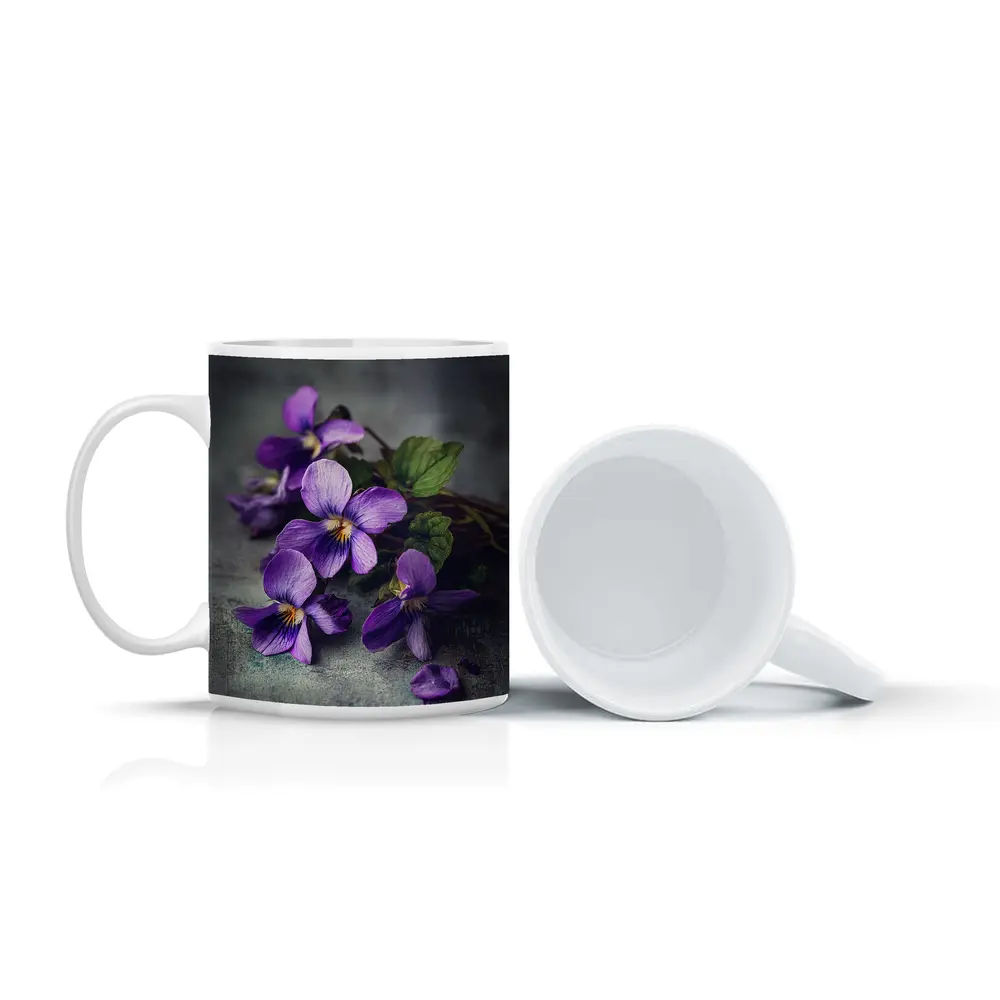 Purple Violet Flowers On Gray Background – Mugs