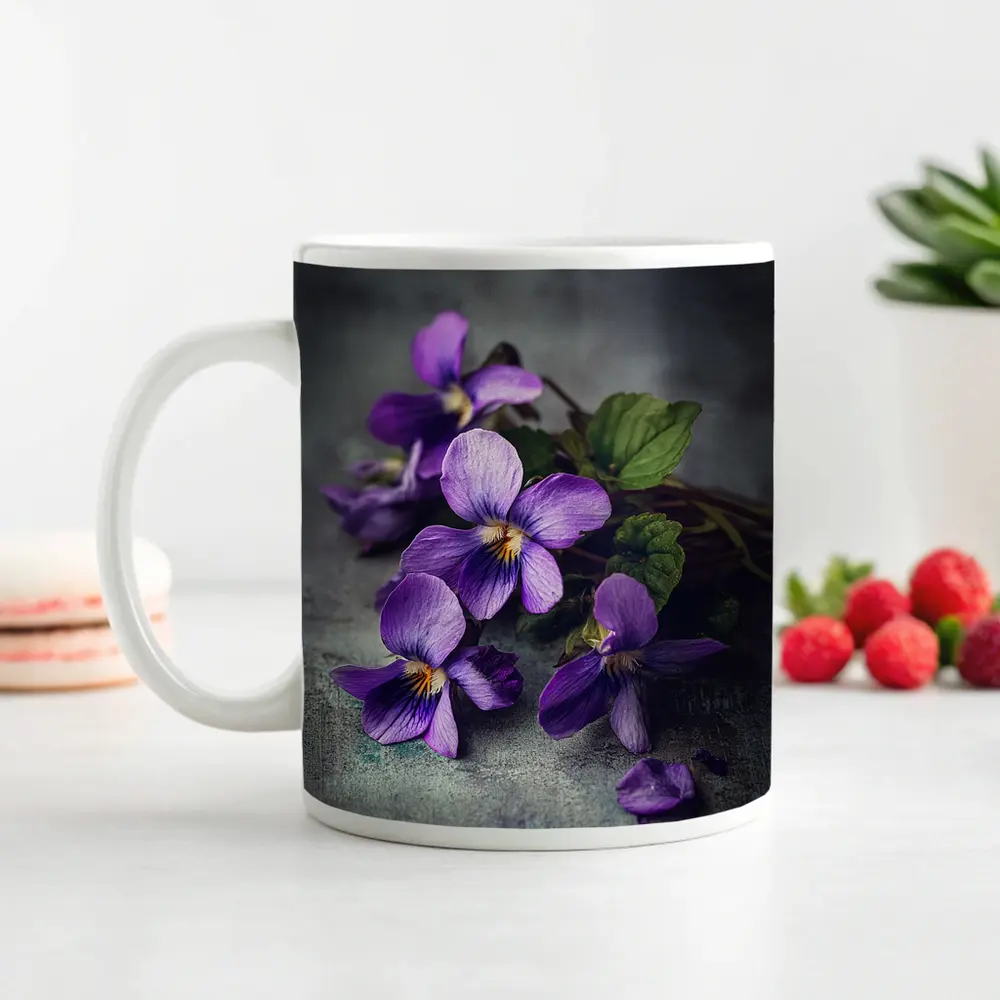 Purple Violet Flowers On Gray Background – Mugs
