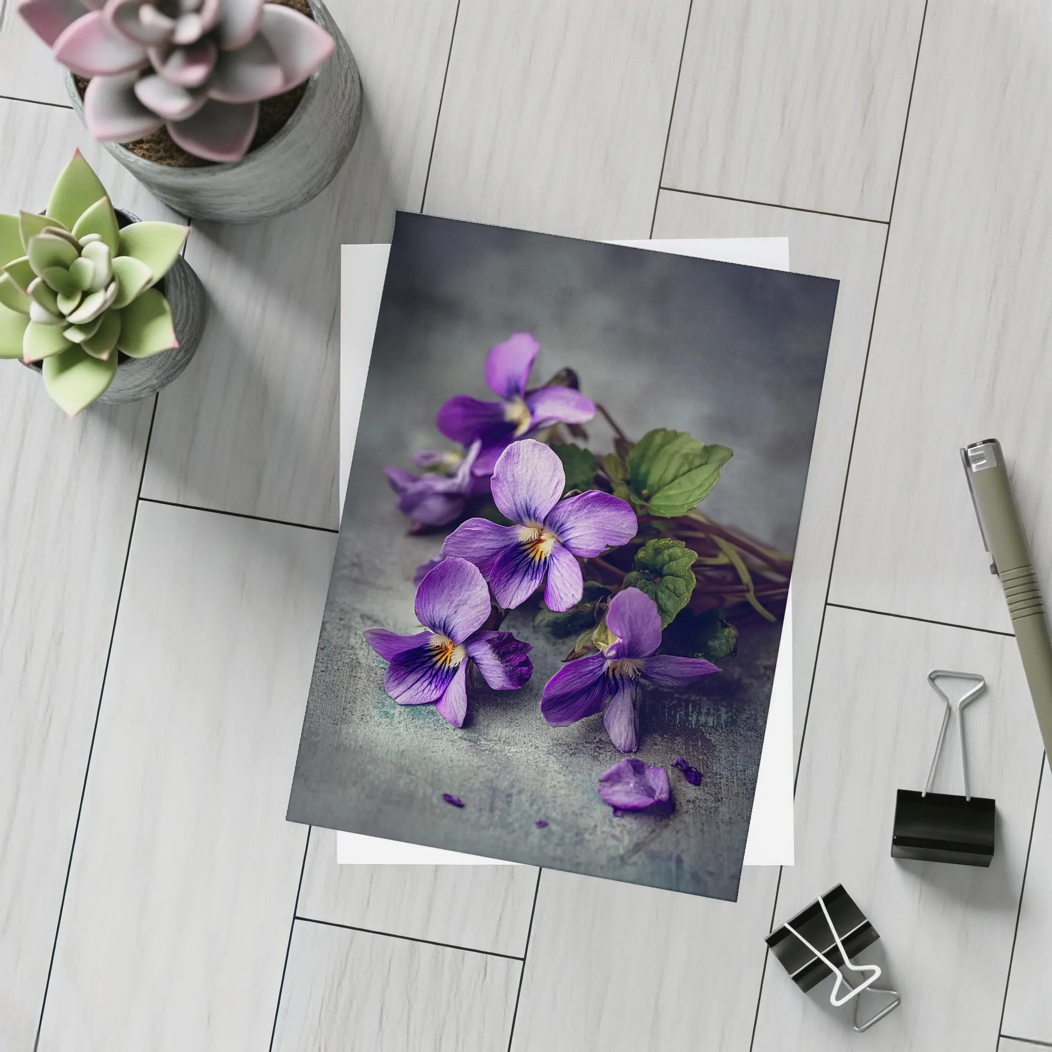 Purple Violet Flowers On Gray Background – Postcards