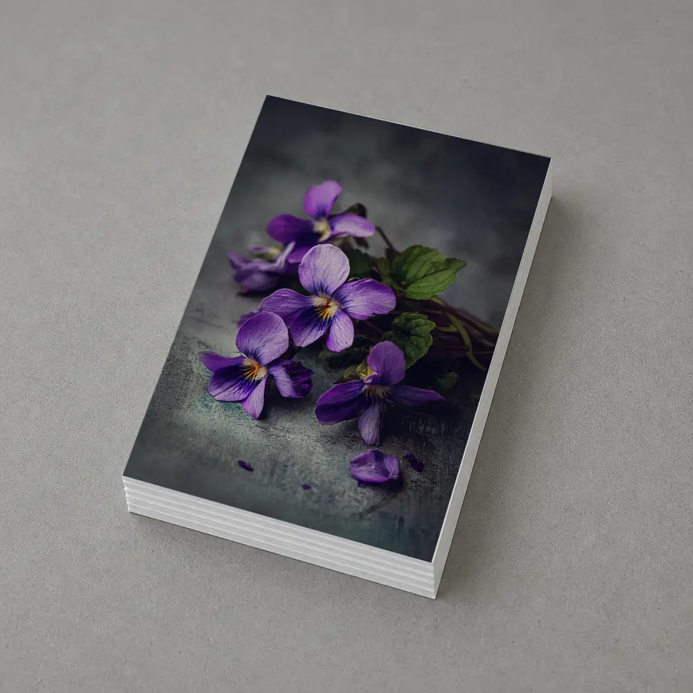 Purple Violet Flowers On Gray Background – Postcards