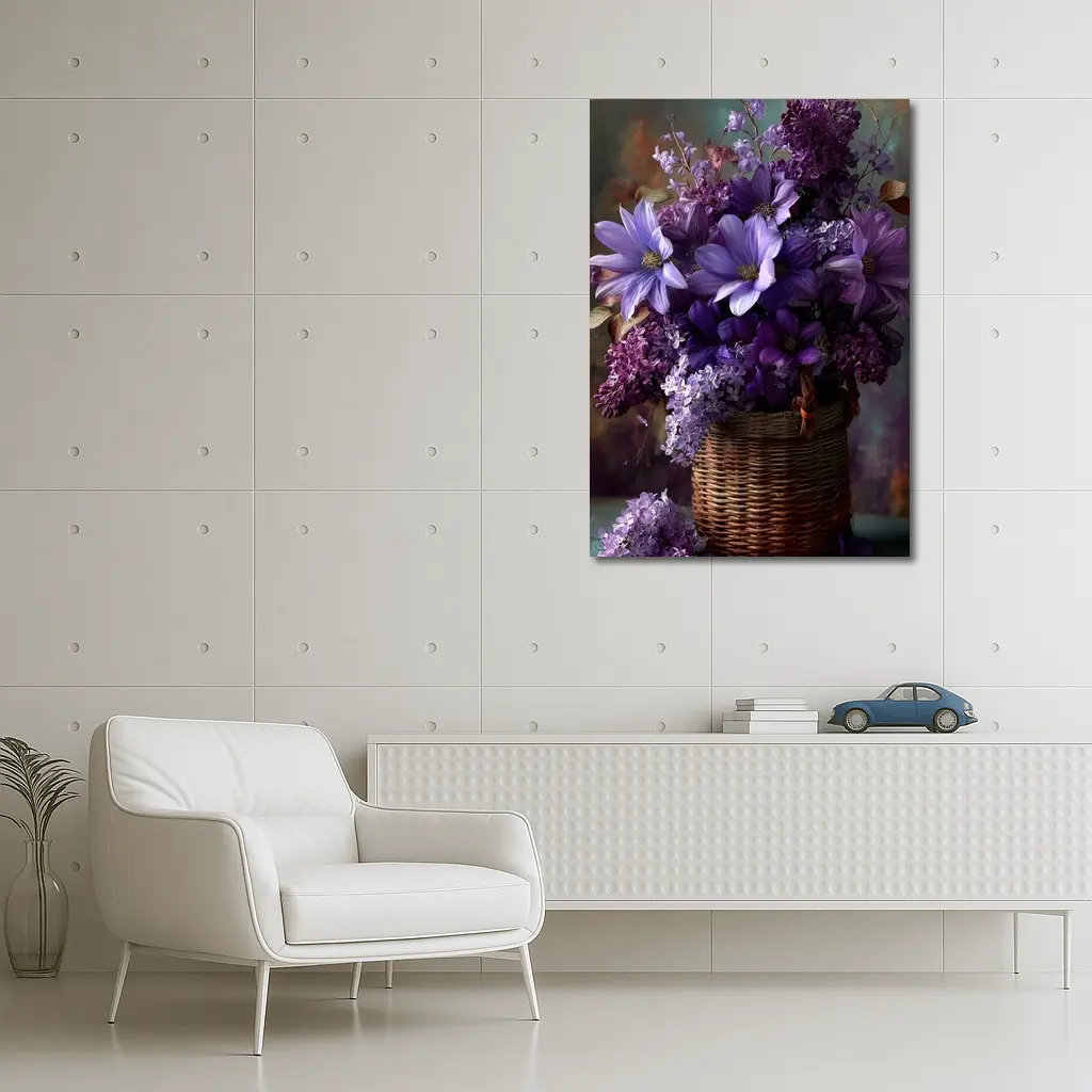 Purple Lilac Dahlias Wicker Basket Floral Arrangement – Wall Art