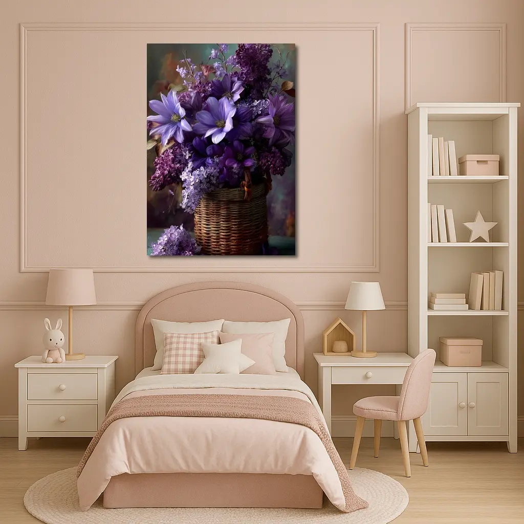 Purple Lilac Dahlias Wicker Basket Floral Arrangement – Wall Art
