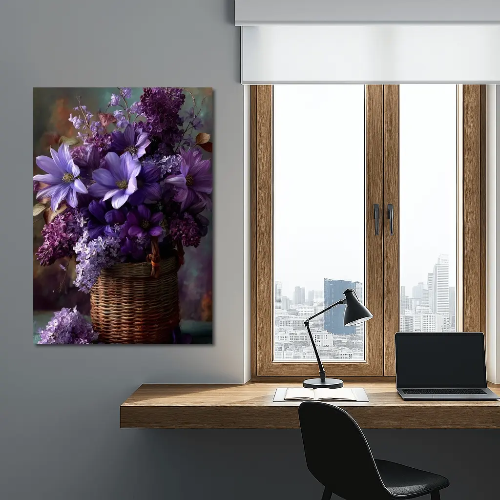 Purple Lilac Dahlias Wicker Basket Floral Arrangement – Wall Art