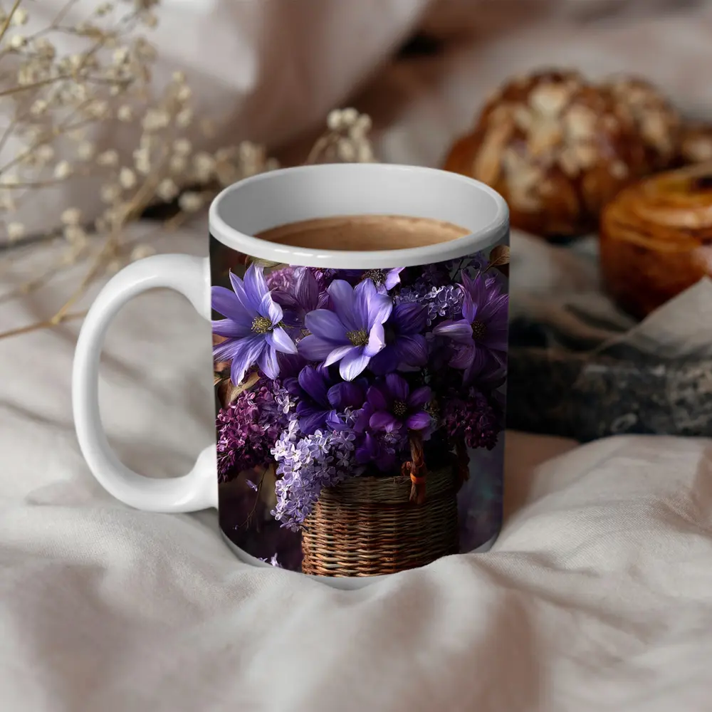 Purple Lilac Dahlias Wicker Basket Floral Arrangement – Mugs