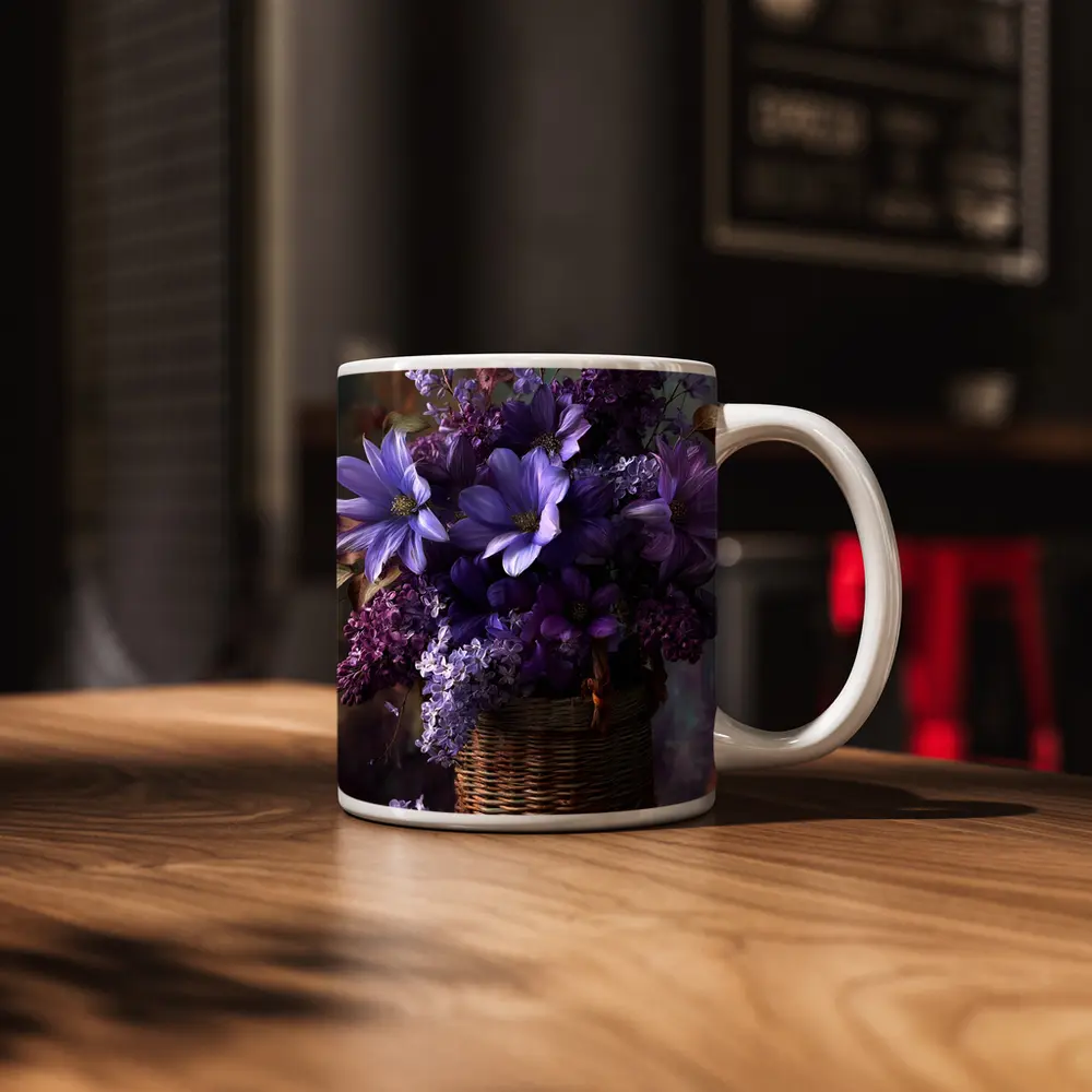 Purple Lilac Dahlias Wicker Basket Floral Arrangement – Mugs