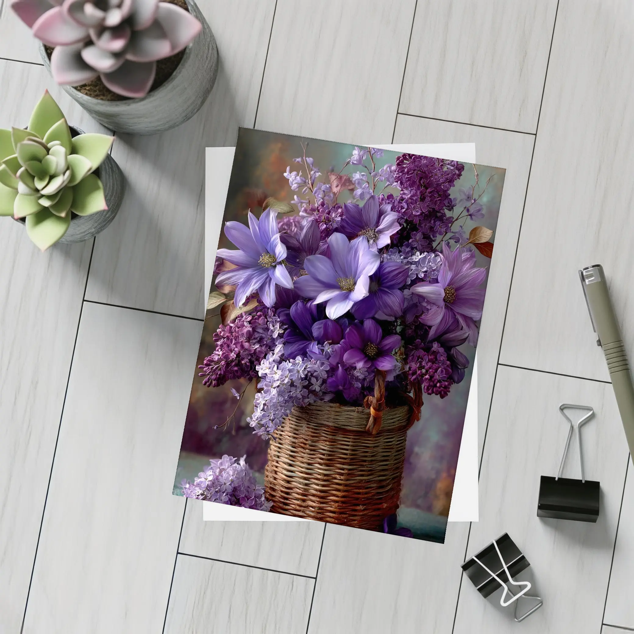 Purple Lilac Dahlias Wicker Basket Floral Arrangement – Postcards