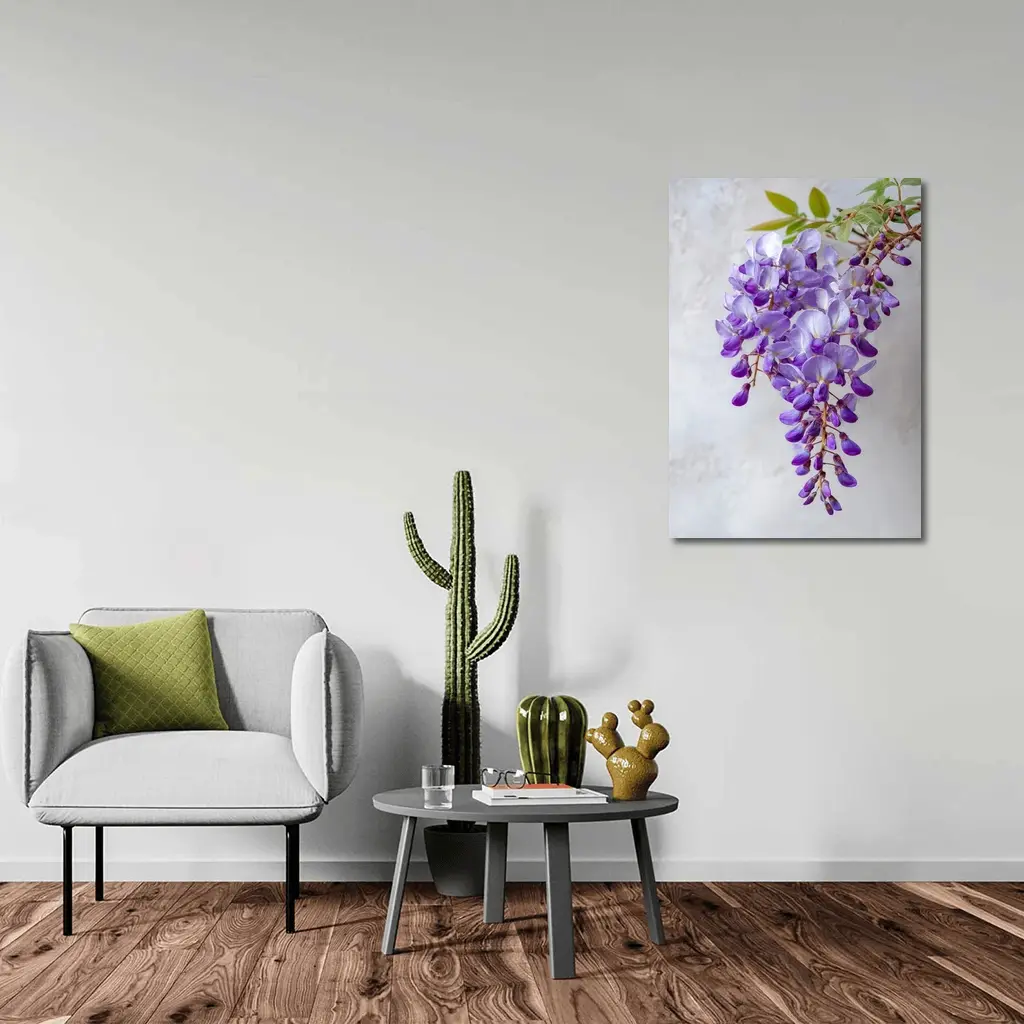 Wisteria Purple Flowers Hanging Gray Background – Wall Art