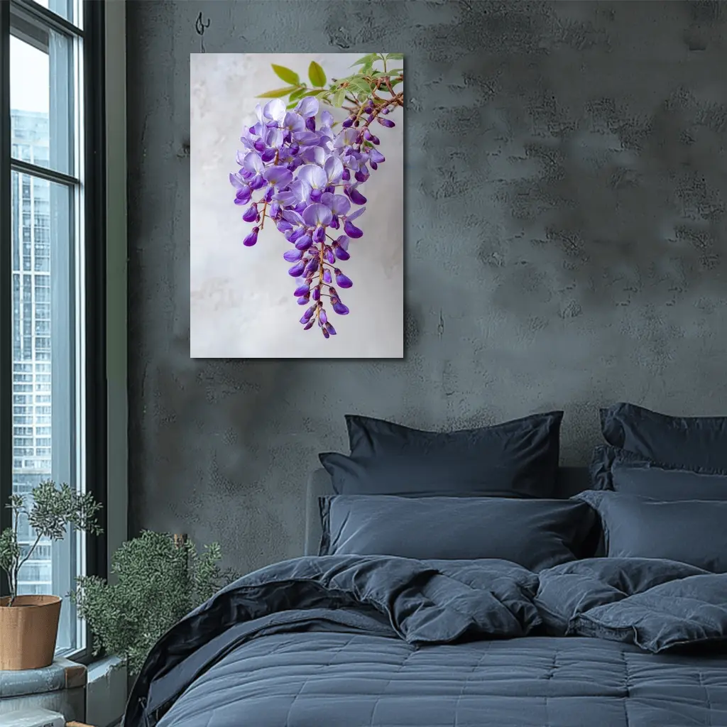 Wisteria Purple Flowers Hanging Gray Background – Wall Art