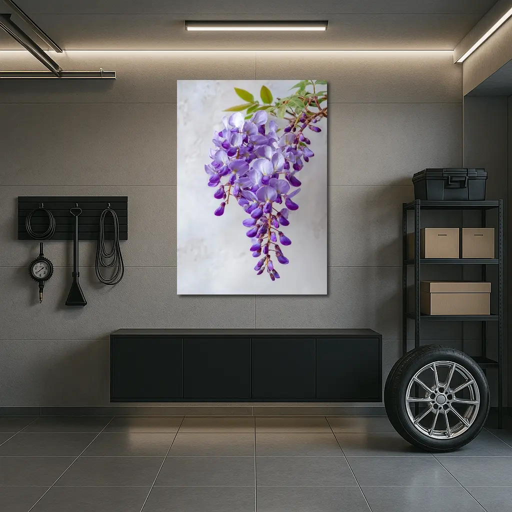 Wisteria Purple Flowers Hanging Gray Background – Wall Art