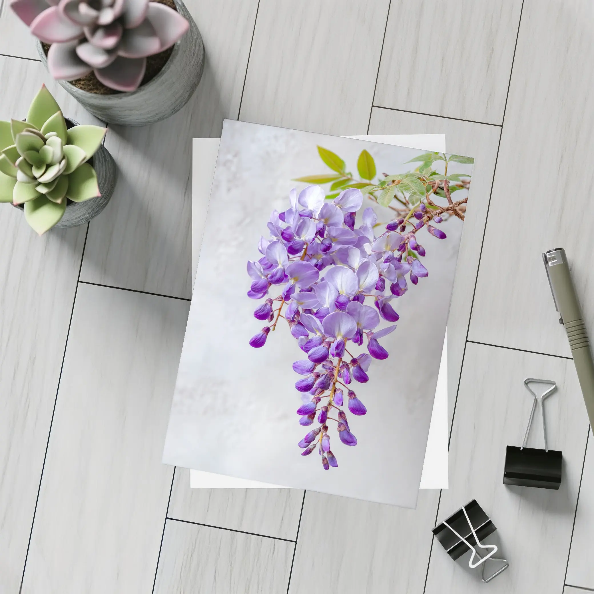 Wisteria Purple Flowers Hanging Gray Background – Postcards