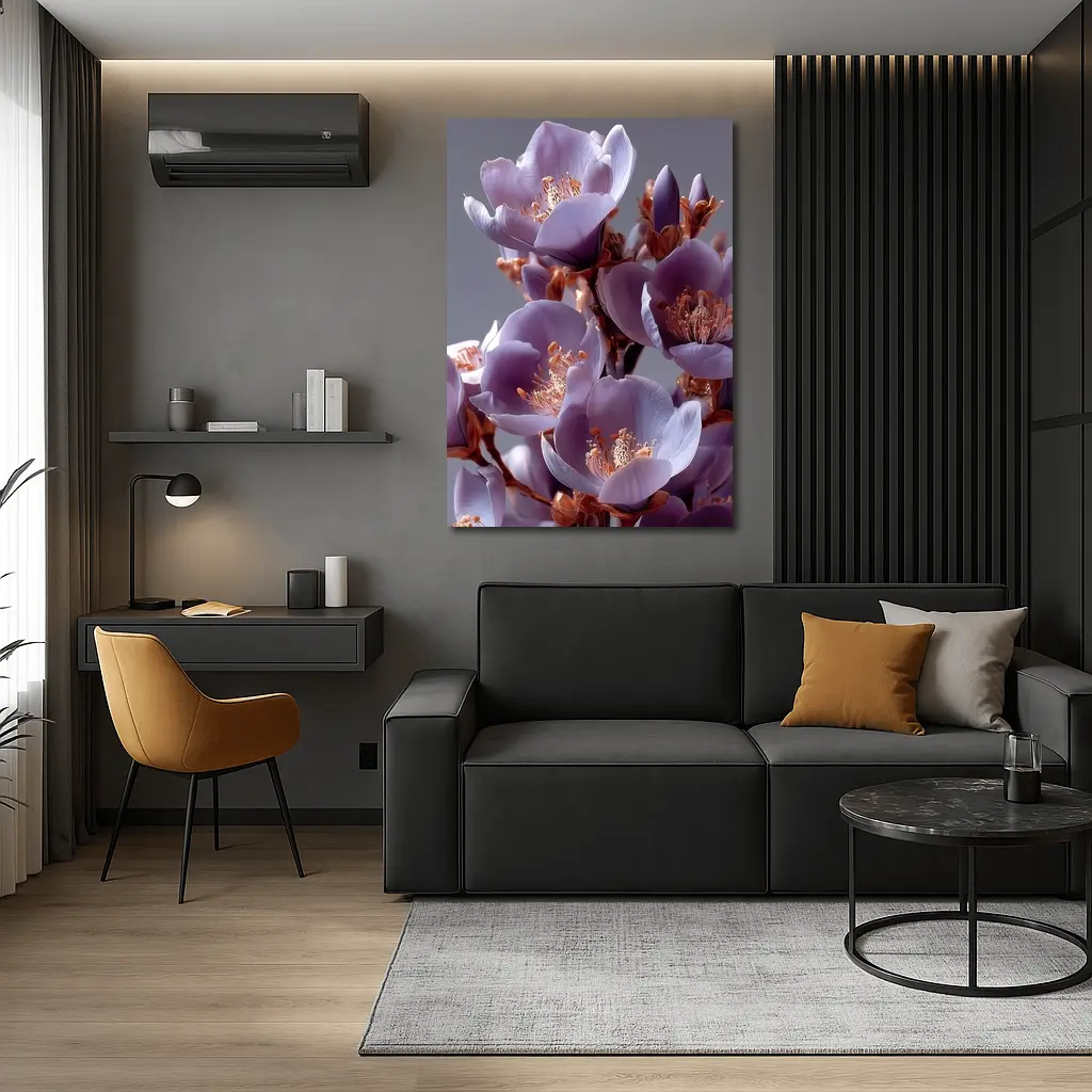 Purple Flowers Golden Stamens Gray Background – Wall Art