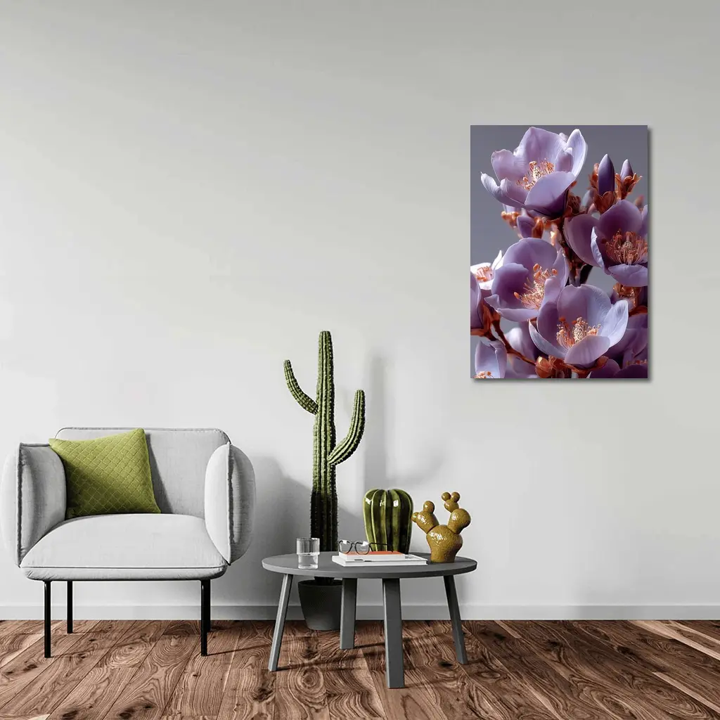 Purple Flowers Golden Stamens Gray Background – Wall Art