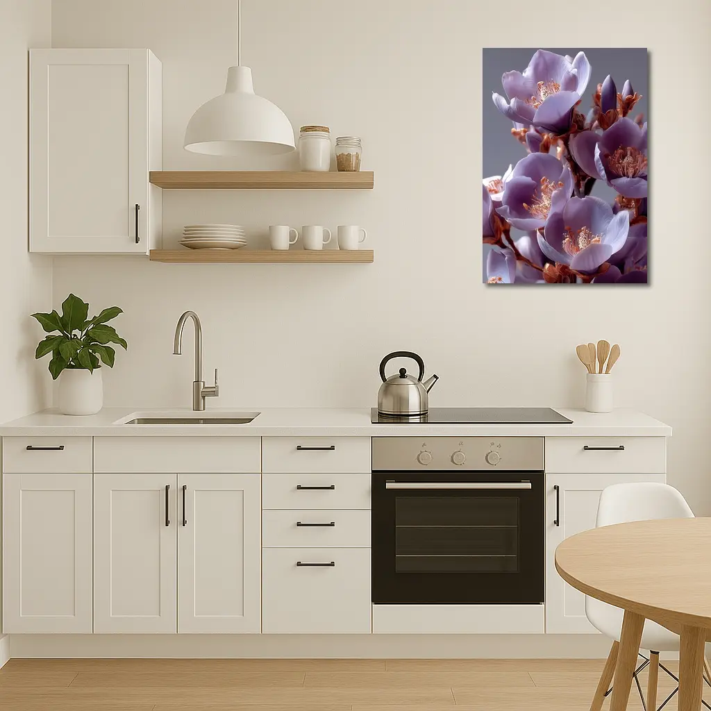 Purple Flowers Golden Stamens Gray Background – Wall Art