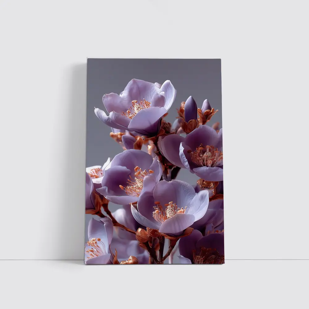 Purple Flowers Golden Stamens Gray Background – Wall Art