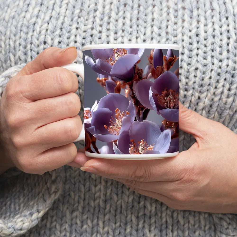 Purple Flowers Golden Stamens Gray Background – Mugs