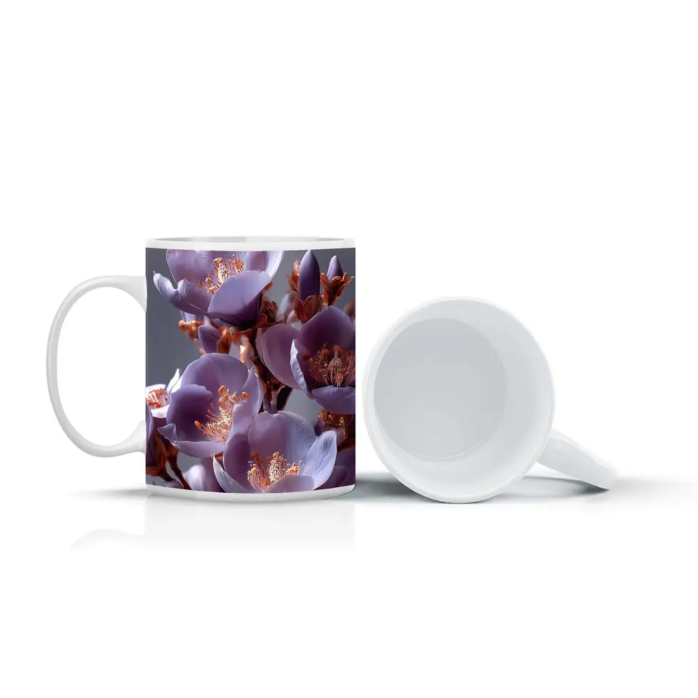 Purple Flowers Golden Stamens Gray Background – Mugs