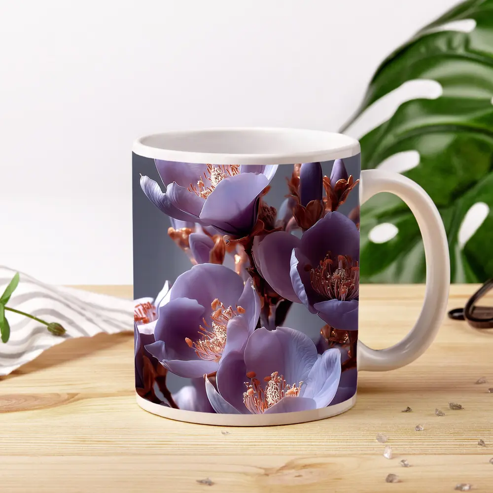 Purple Flowers Golden Stamens Gray Background – Mugs
