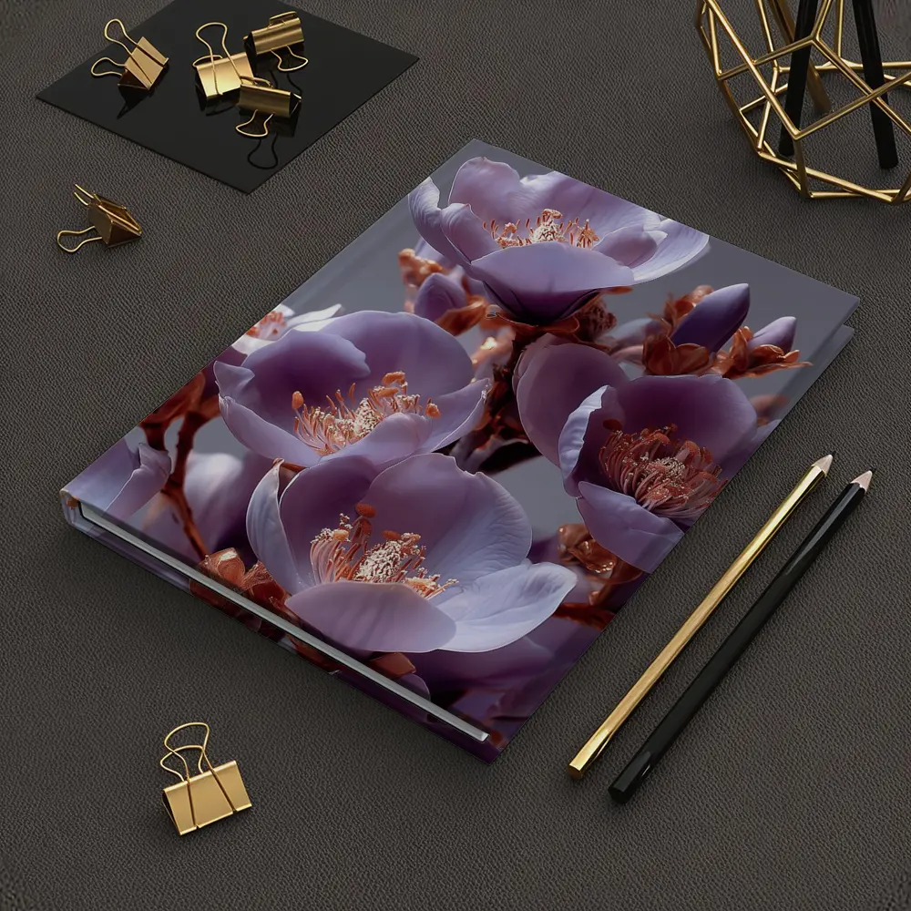 Purple Flowers Golden Stamens Gray Background – Notebooks